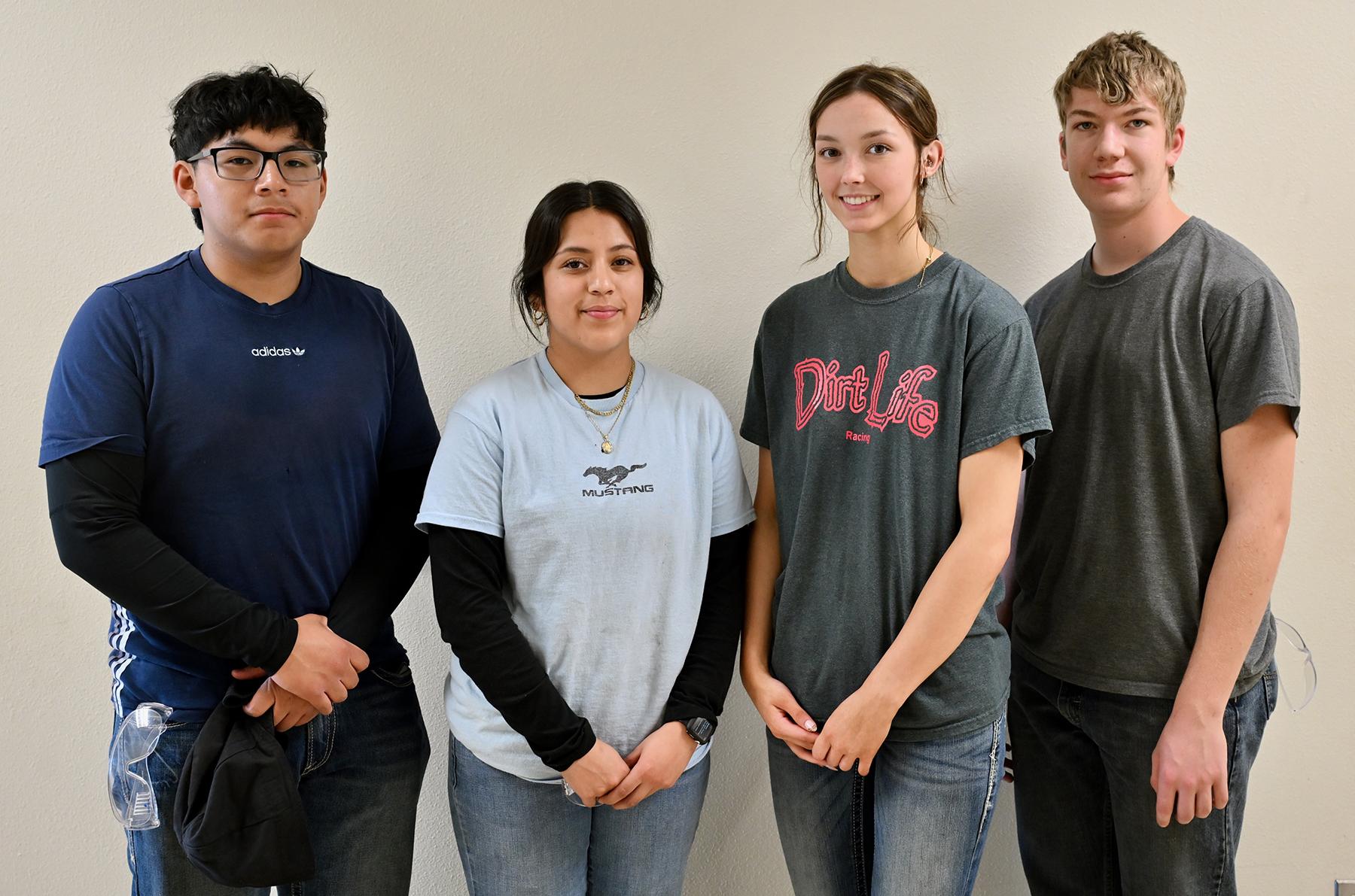 Afternoon Welding: Alvaro Castro Sical (STC), Alexandra Castanon (STC), Zoee Tauber (Grinnell), and Caleb Ragsdale (STC).