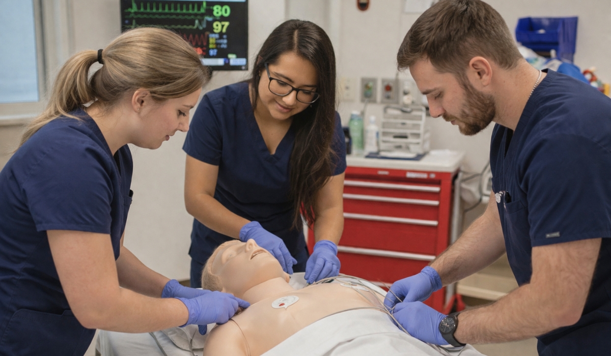 Three healthcare professionals in a healtcare classroom gather around a patient mannequin and practice their skills.