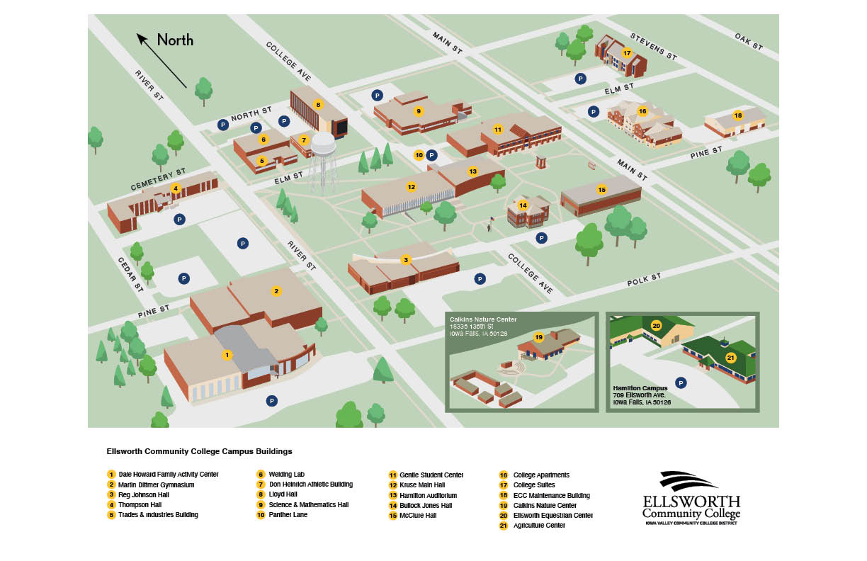 A graphic map of the Ellsworth Community College campus, including Hamilton Campus, located south of Iowa Falls. 